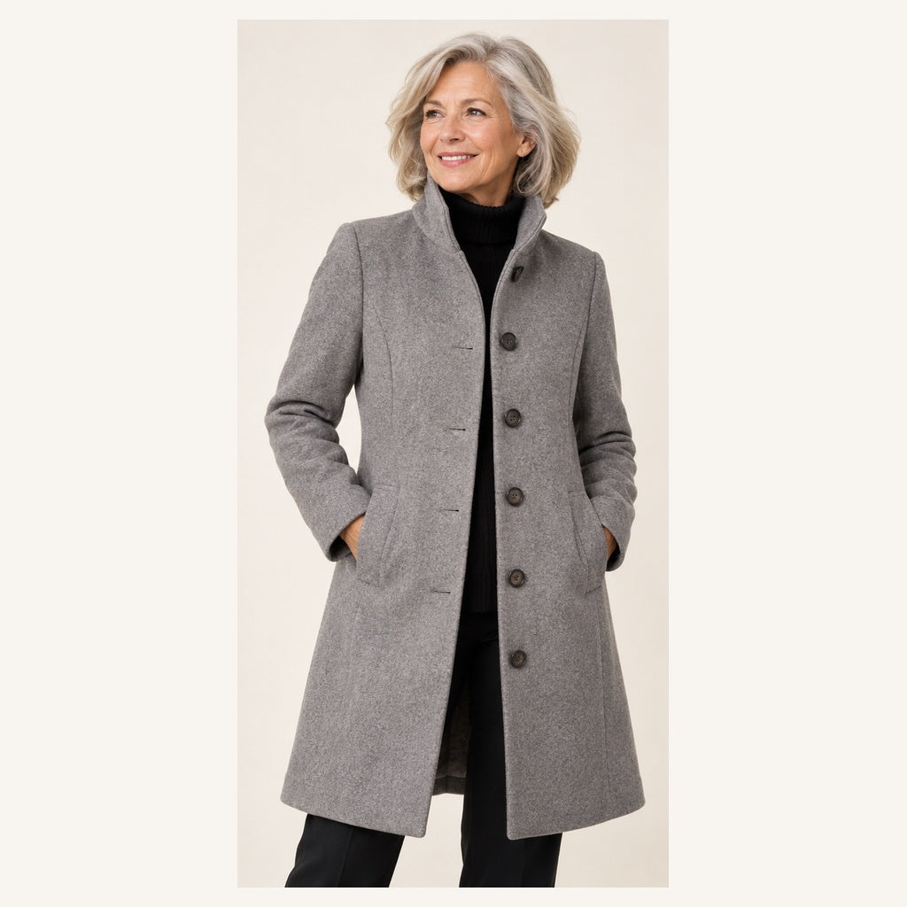 Women's Long Wool Coat with Button Front — senior model — front