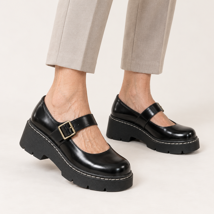 Luna Mary Jane platform shoes in Black worn close-up