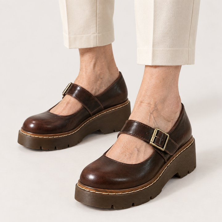 Luna Mary Jane platform shoes in Brown worn close-up