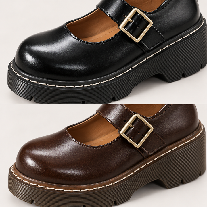 Luna Mary Jane platform shoes close-up of buckle stitching and tread