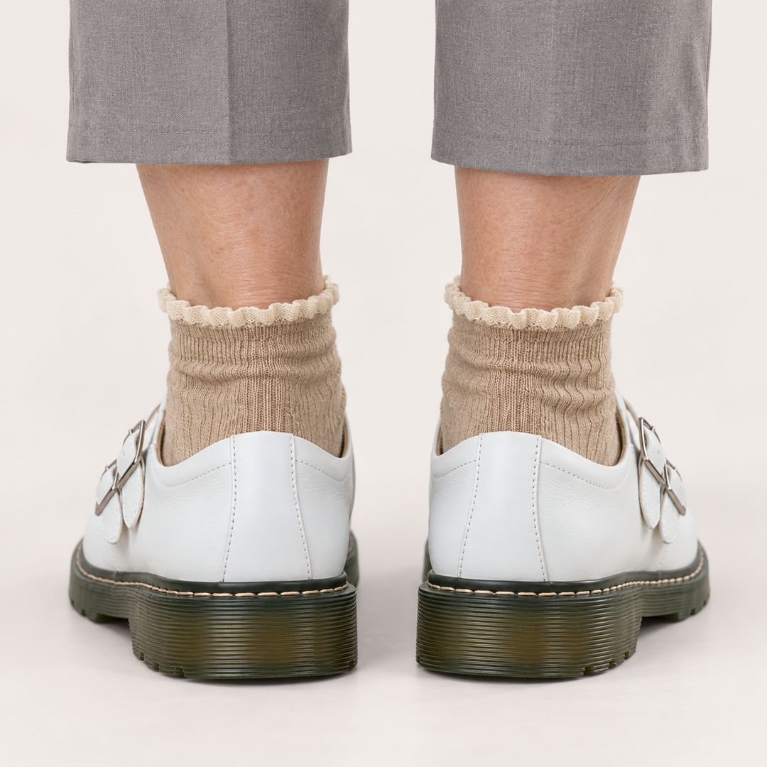 Luna white double-buckle shoes, rear heel view