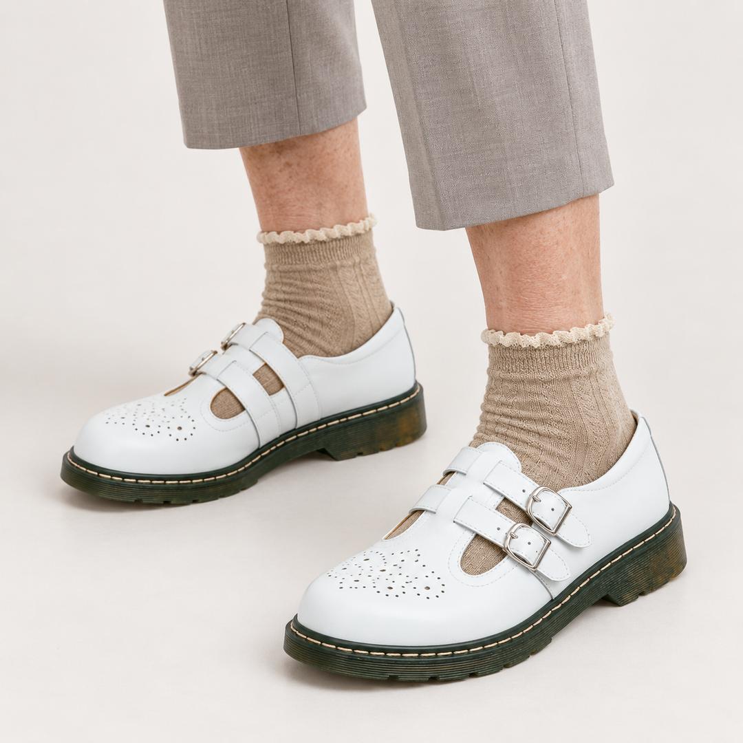Luna white double-buckle shoes worn, close product view
