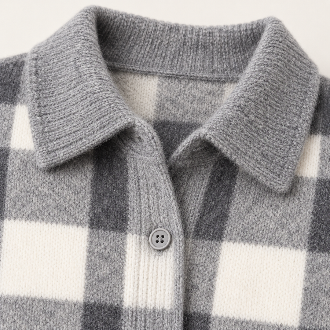 MARIELLE grey checked knit shirt fabric, collar and button finish close-up