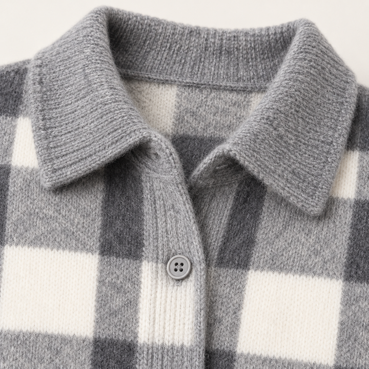 MARIELLE grey checked knit shirt fabric, collar and button finish close-up
