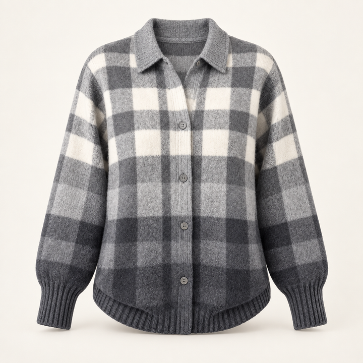 MARIELLE grey checked knit shirt isolated on a clean warm off-white background