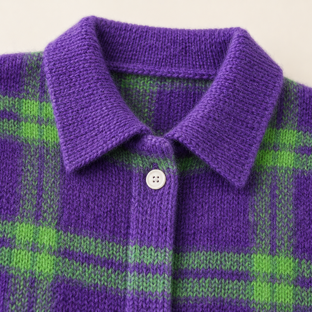 MARILOU purple and green knit fabric, collar and button finish close-up