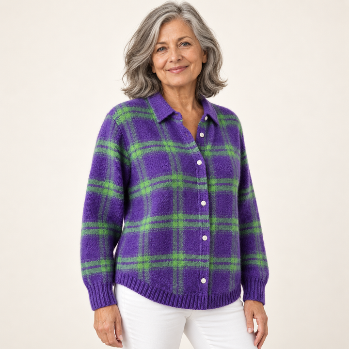 MARILOU checked knit shirt worn by a mature British woman in a three-quarter studio view