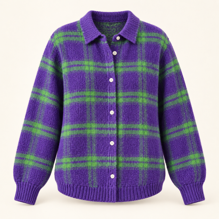 MARILOU purple and green checked knit shirt isolated on a clean warm off-white background