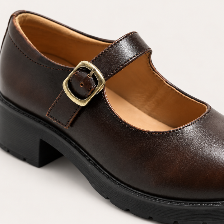 Marta dark brown Mary Jane shoe, buckle and finish detail