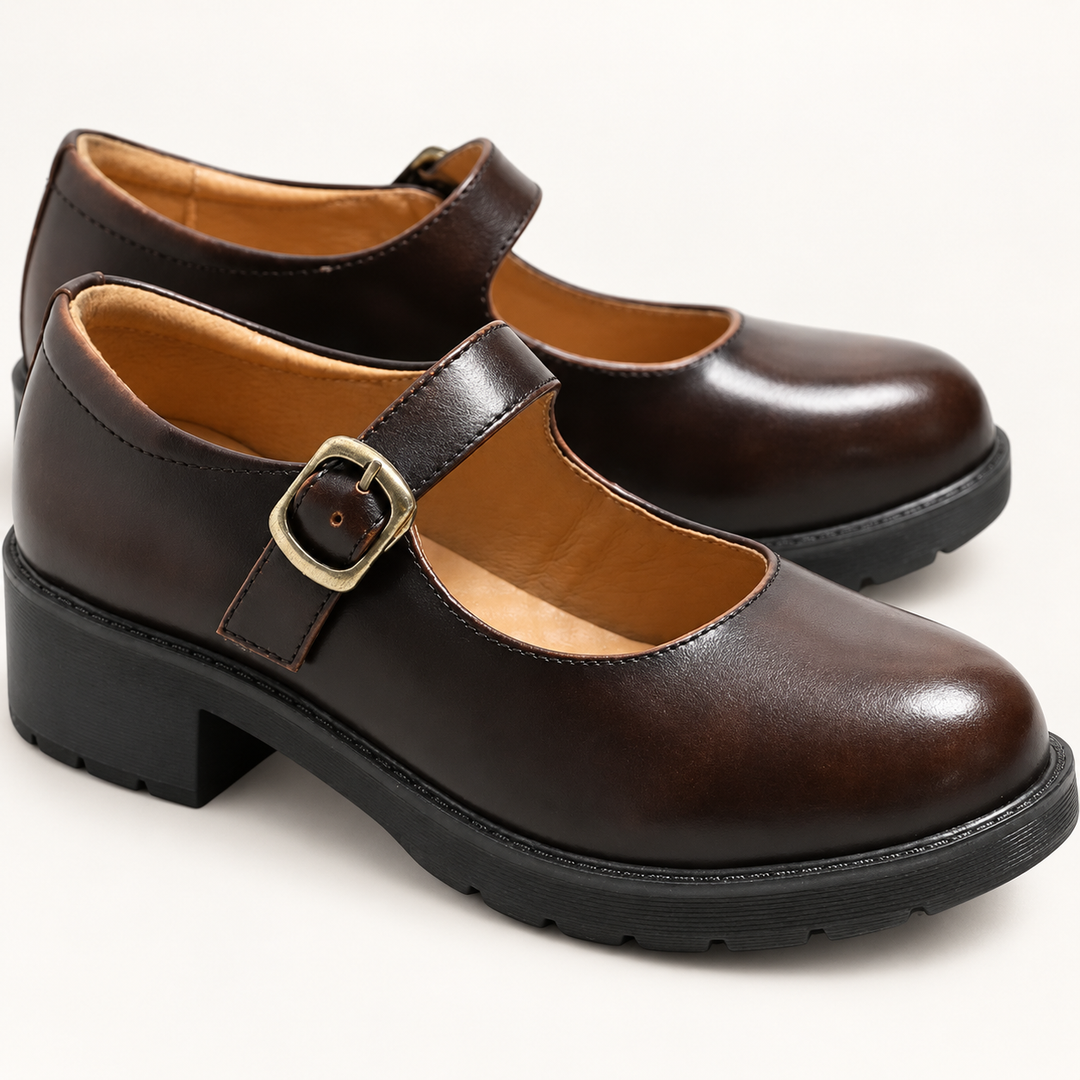 Marta dark brown Mary Jane shoes isolated front three-quarter view