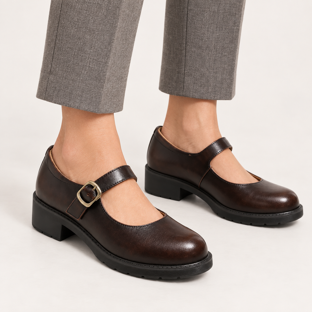 Marta dark brown Mary Jane shoes worn, product-focused main view