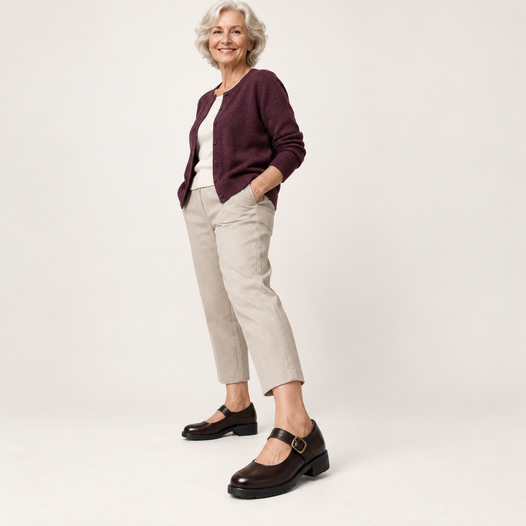 Marta dark brown Mary Jane shoes worn by a mature woman