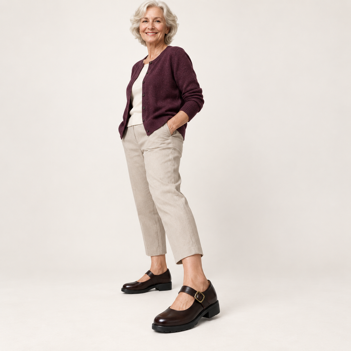 Marta dark brown Mary Jane shoes worn by a mature woman