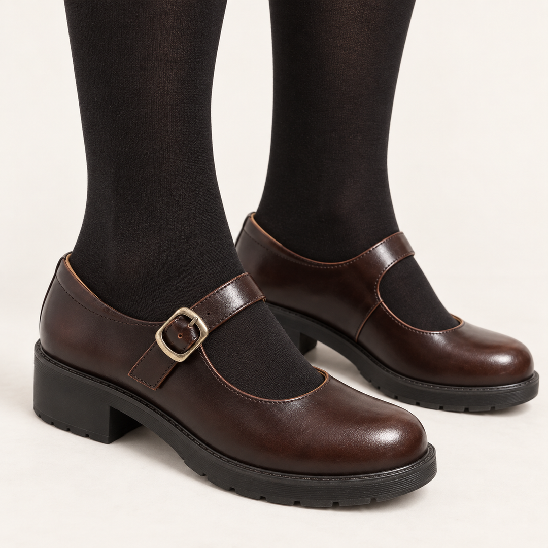 Marta dark brown Mary Jane shoes worn side view