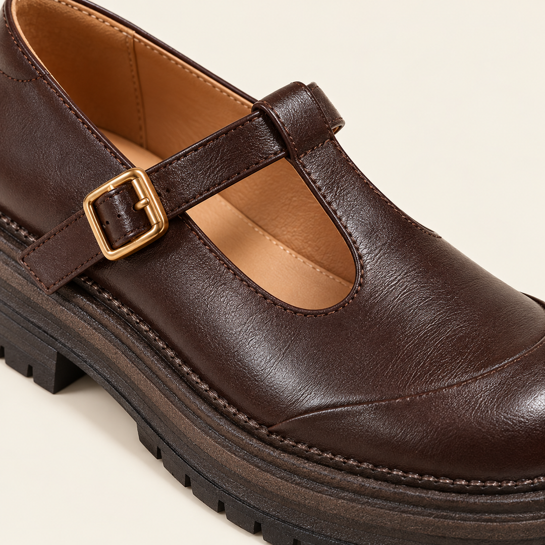 Brown T-strap Mary Jane shoe, leather buckle and sole detail