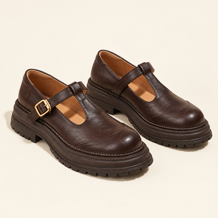 Brown T-strap Mary Jane shoes isolated, front three-quarter view