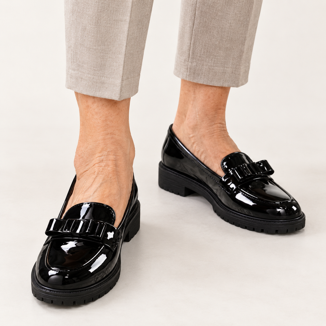 Maya Black patent bow loafers worn, close product view