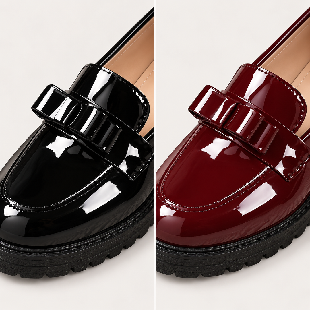 Maya Black and Burgundy loafers, bow and patent detail