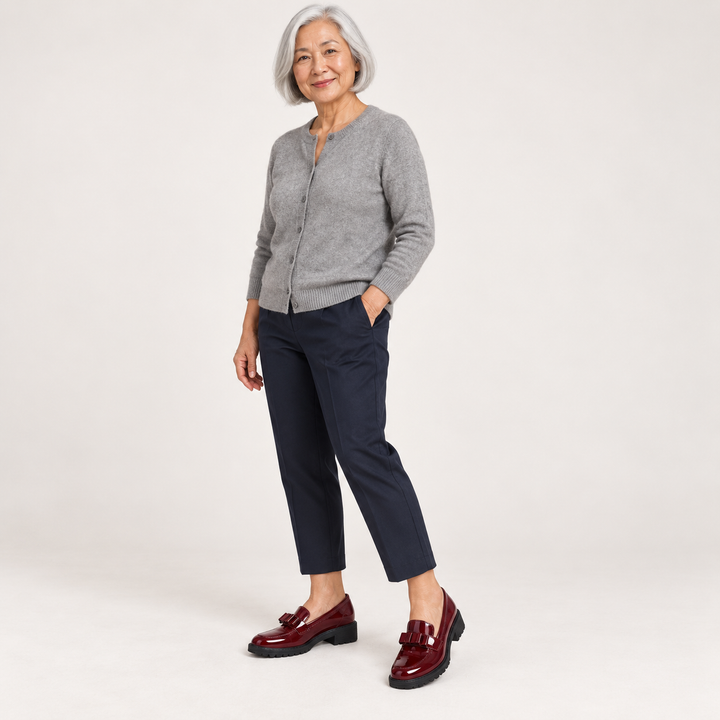 Maya Burgundy loafers worn by a mature British woman
