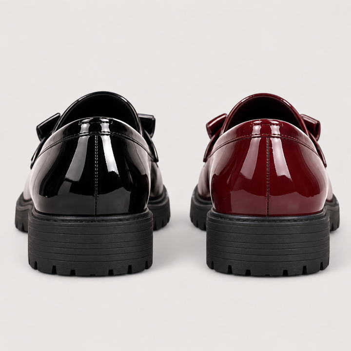 Maya Black and Burgundy patent loafers, rear heel comparison