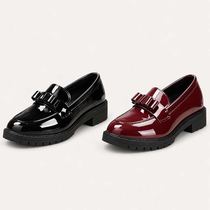 Maya Black and Burgundy patent loafers, isolated comparison
