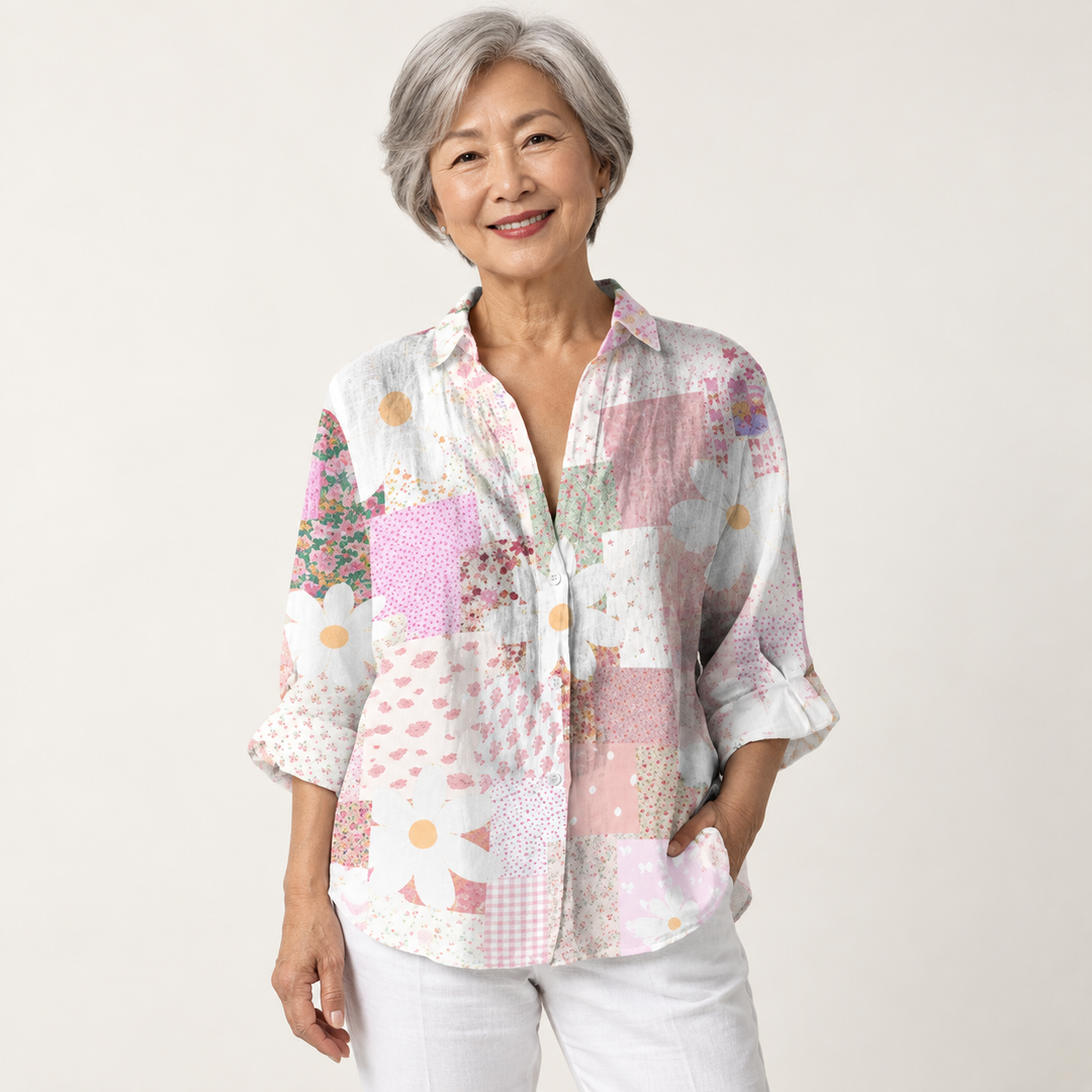 Medbh floral watercolor blouse on mature model, front view