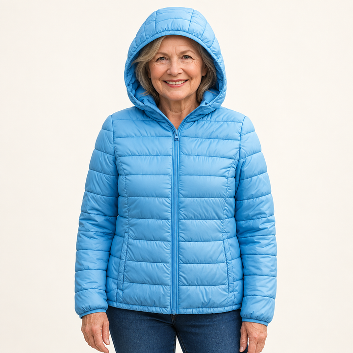 METTA Baby Blue padded jacket on mature model in clean studio