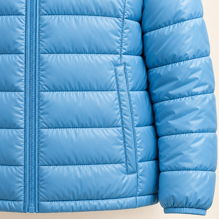 METTA Baby Blue padded jacket, fabric, zipper and quilting close-up