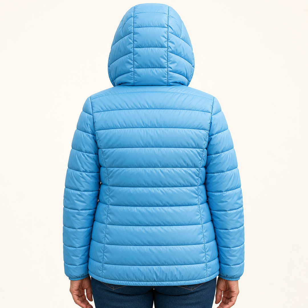 METTA Baby Blue padded jacket on mature model, inferred back view