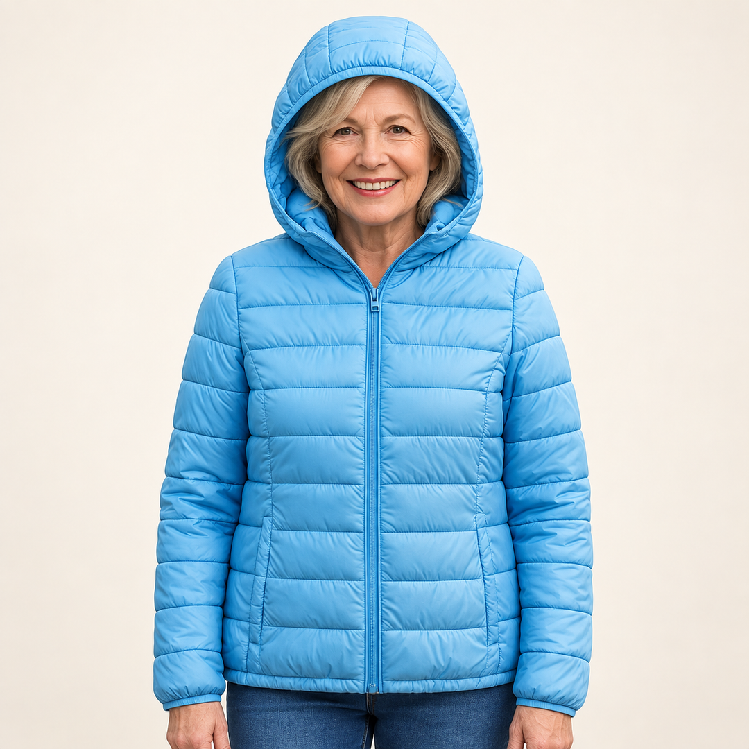 METTA Baby Blue padded jacket on mature model, front view