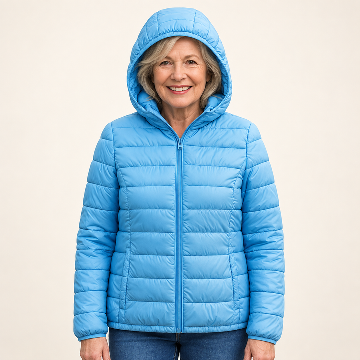 METTA Baby Blue padded jacket on mature model, front view