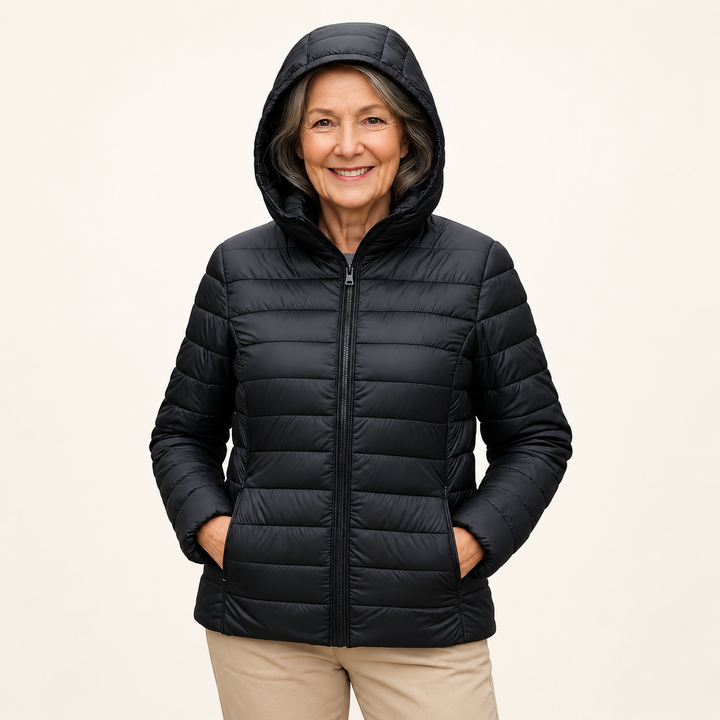 METTA Black padded jacket on mature model in clean studio