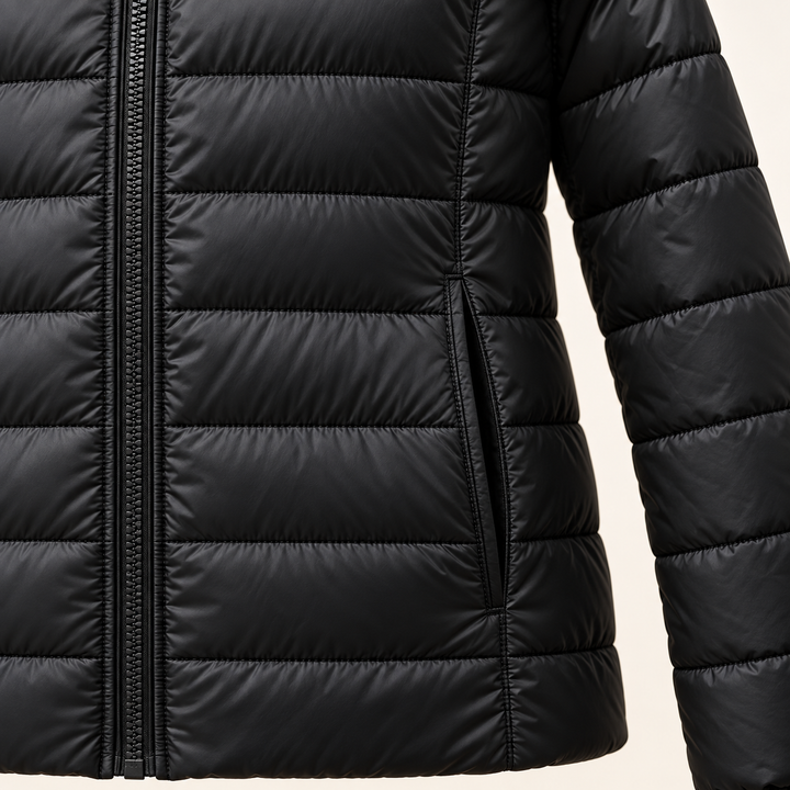 METTA Black padded jacket, fabric, zipper and quilting close-up