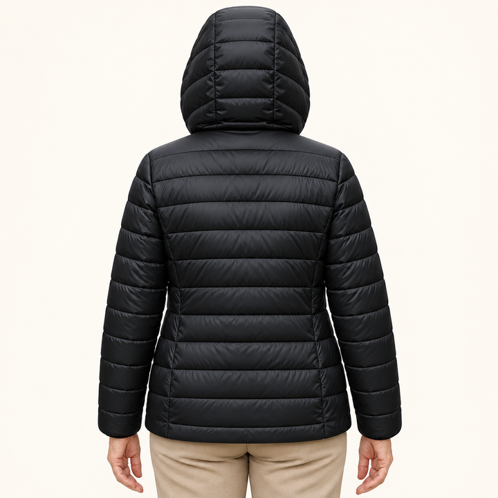 METTA Black padded jacket on mature model, inferred back view