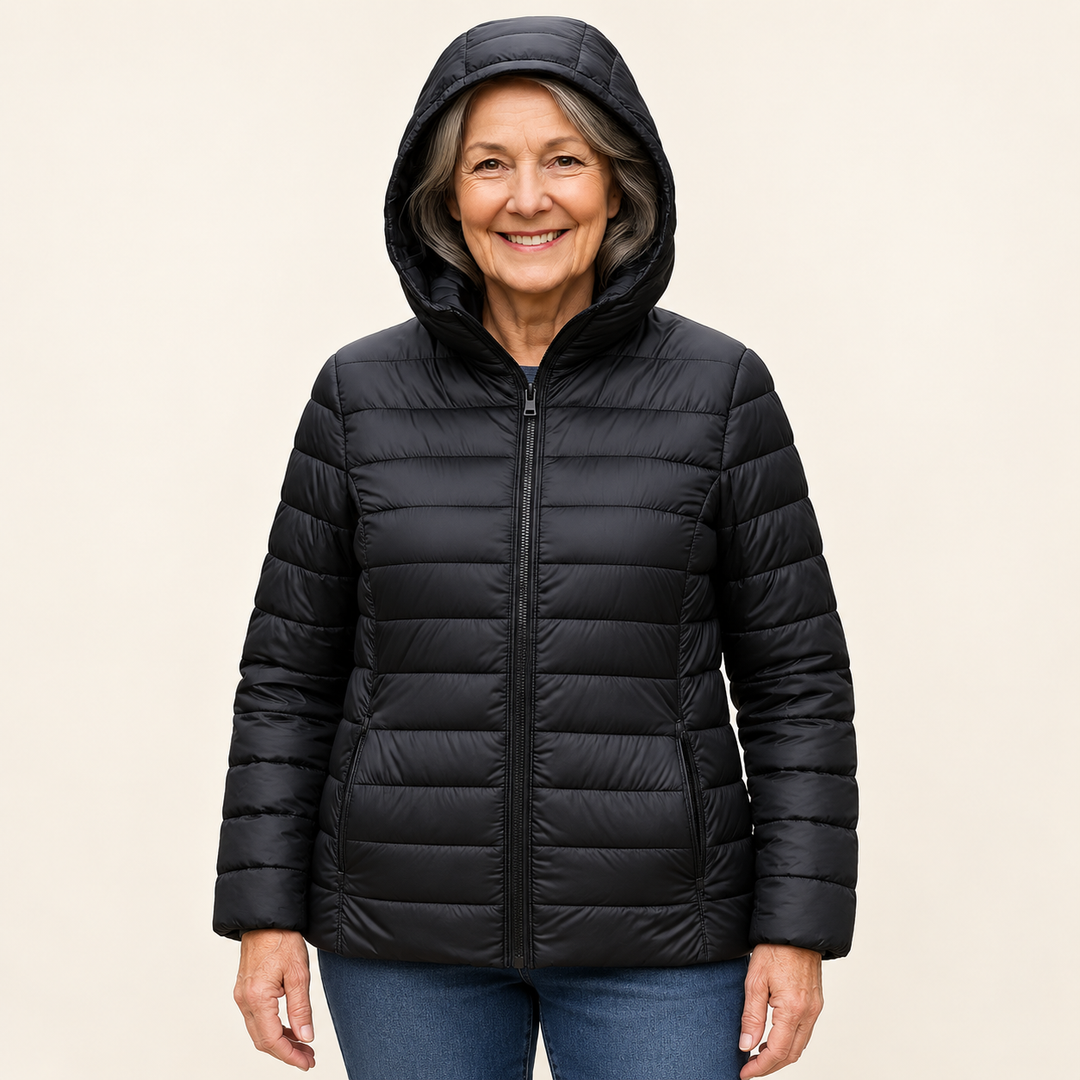 METTA Black padded jacket on mature model, front view