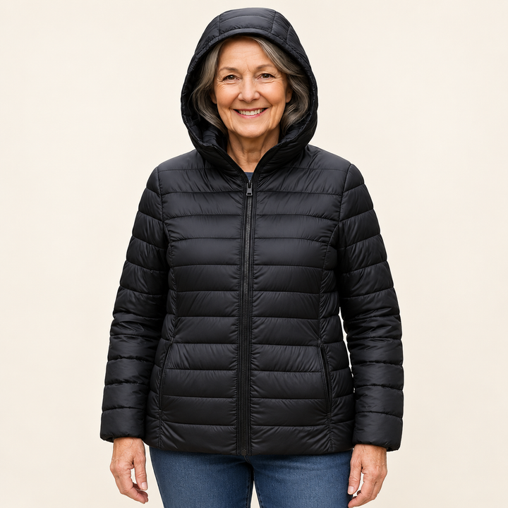 METTA Black padded jacket on mature model, front view