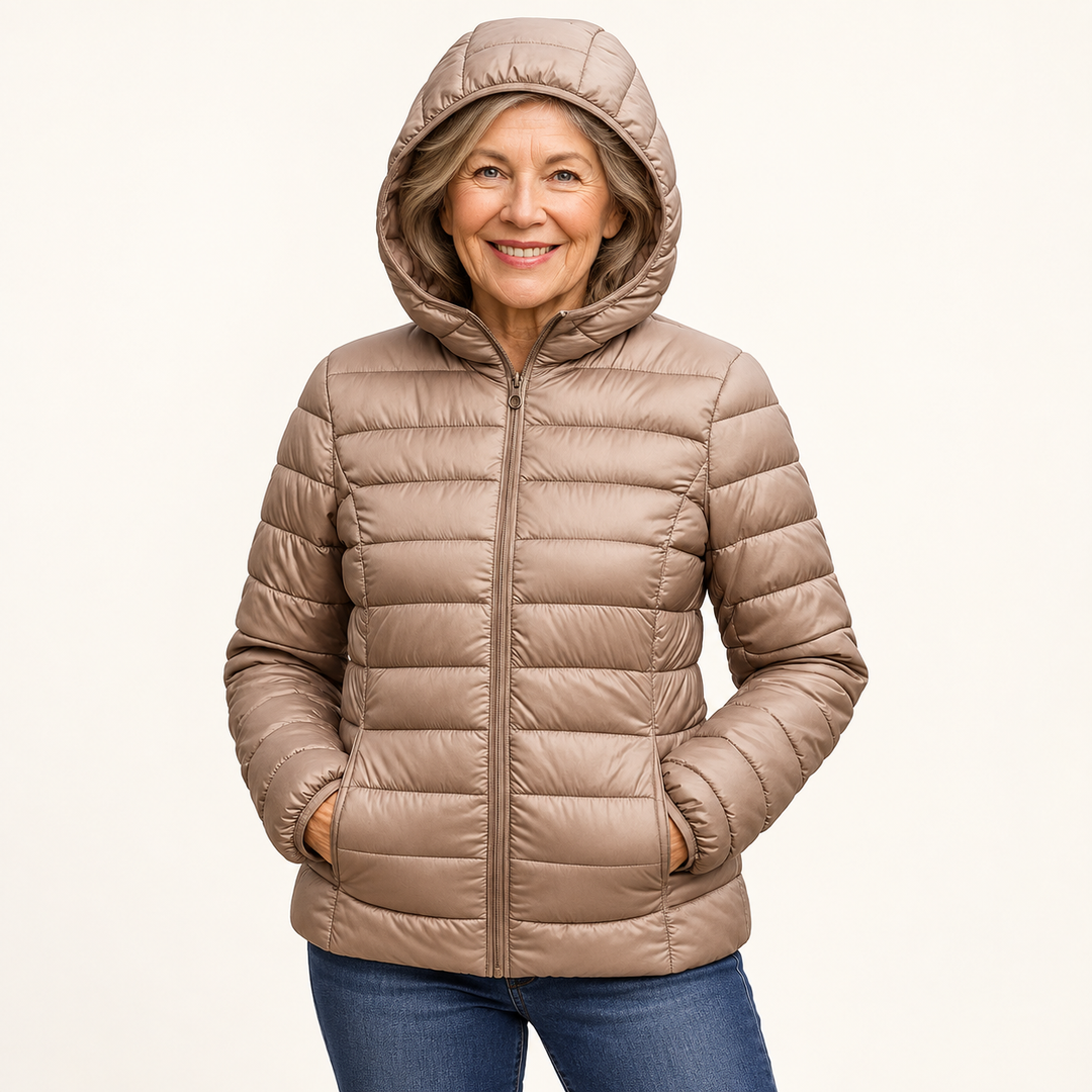 METTA Champagne padded jacket on mature model in clean studio