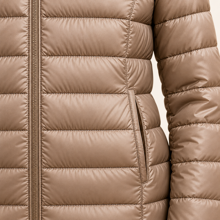 METTA Champagne padded jacket, fabric, zipper and quilting close-up