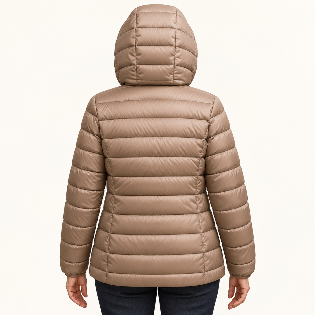 METTA Champagne padded jacket on mature model, inferred back view