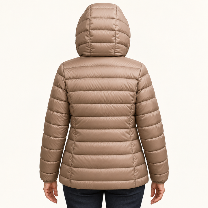 METTA Champagne padded jacket on mature model, inferred back view