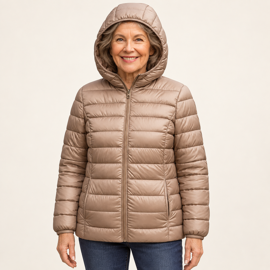 METTA Champagne padded jacket on mature model, front view