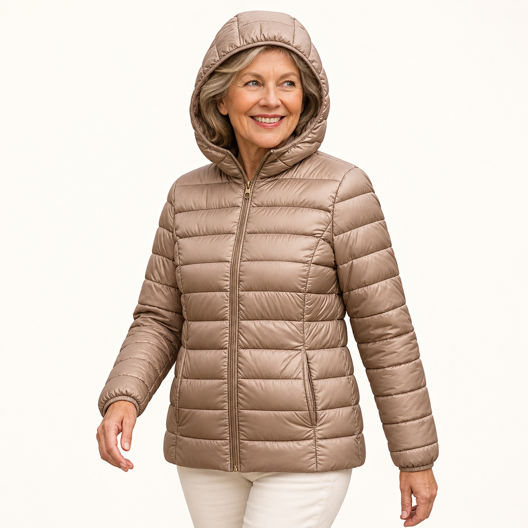 METTA Champagne padded jacket on mature model, three-quarter view