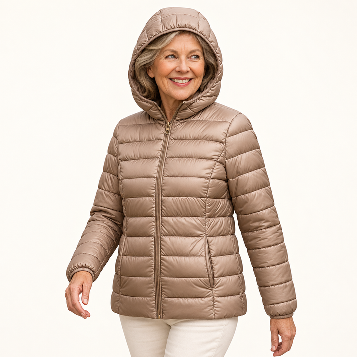 METTA Champagne padded jacket on mature model, three-quarter view