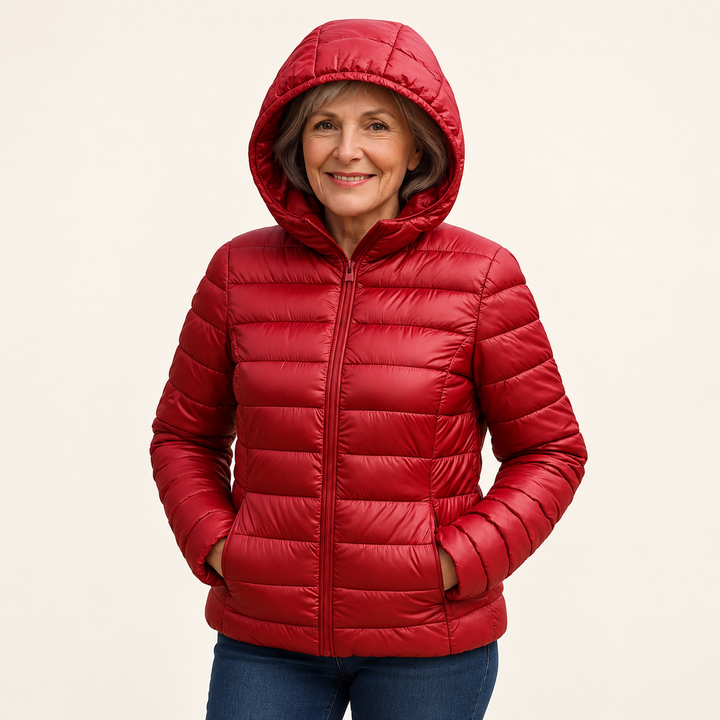 METTA Dark Red padded jacket on mature model in clean studio