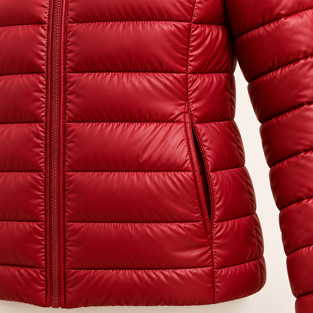METTA Dark Red padded jacket, fabric, zipper and quilting close-up