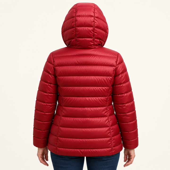 METTA Dark Red padded jacket on mature model, inferred back view