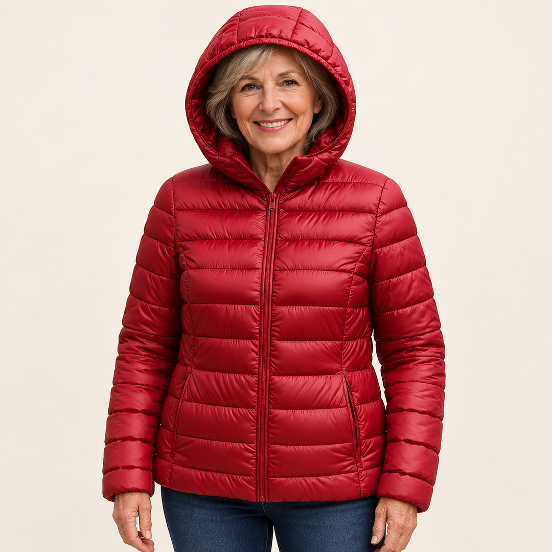METTA Dark Red padded jacket on mature model, front view