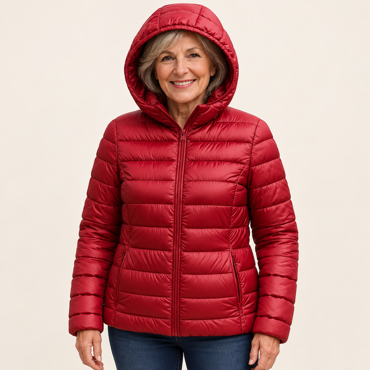 METTA Dark Red padded jacket on mature model, front view