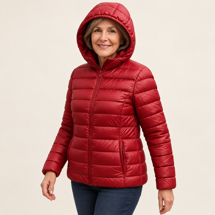 METTA Dark Red padded jacket on mature model, three-quarter view