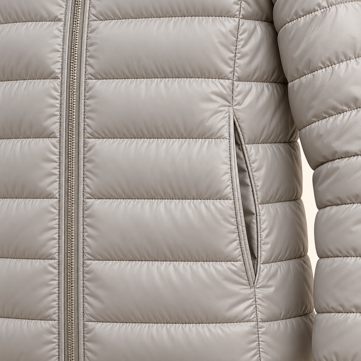 METTA Grey padded jacket, fabric, zipper and quilting close-up
